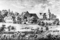 Historische Aufnahme der Villa und des Margarethenguts: Lithografie von A. Merian, vor 1840